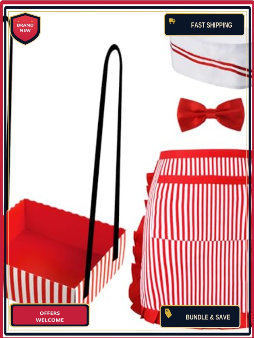 4 Pc Waitress Costume Set Soda Jerk Hat Apron Bow Tie Snack Tray 1950s